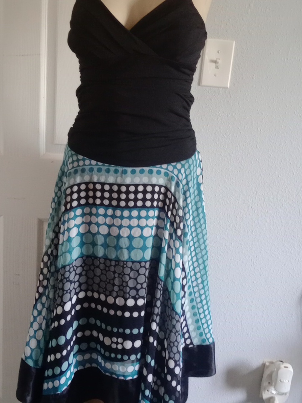 Trixxi Black Halter Top with Teal, Blue & White Polka Dot Skater Skirt